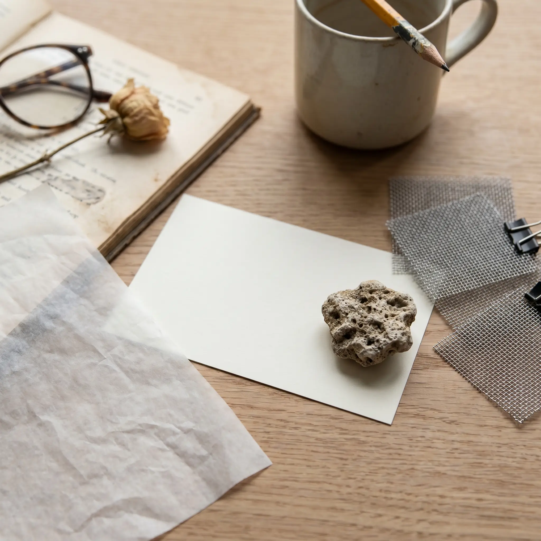Close view of a note card and porous sample prepared for review