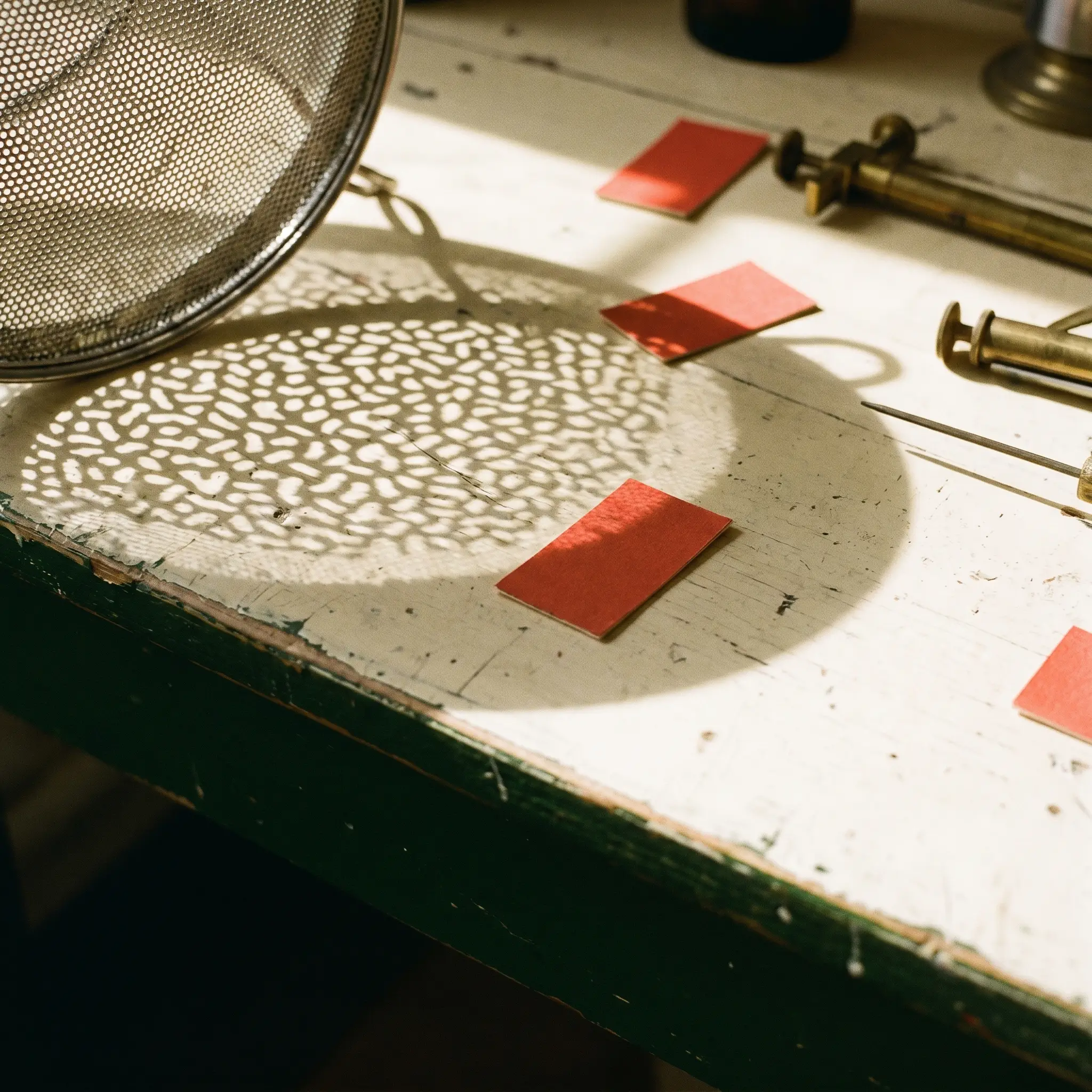 Fine sieve shadow projected across a marked tabletop
